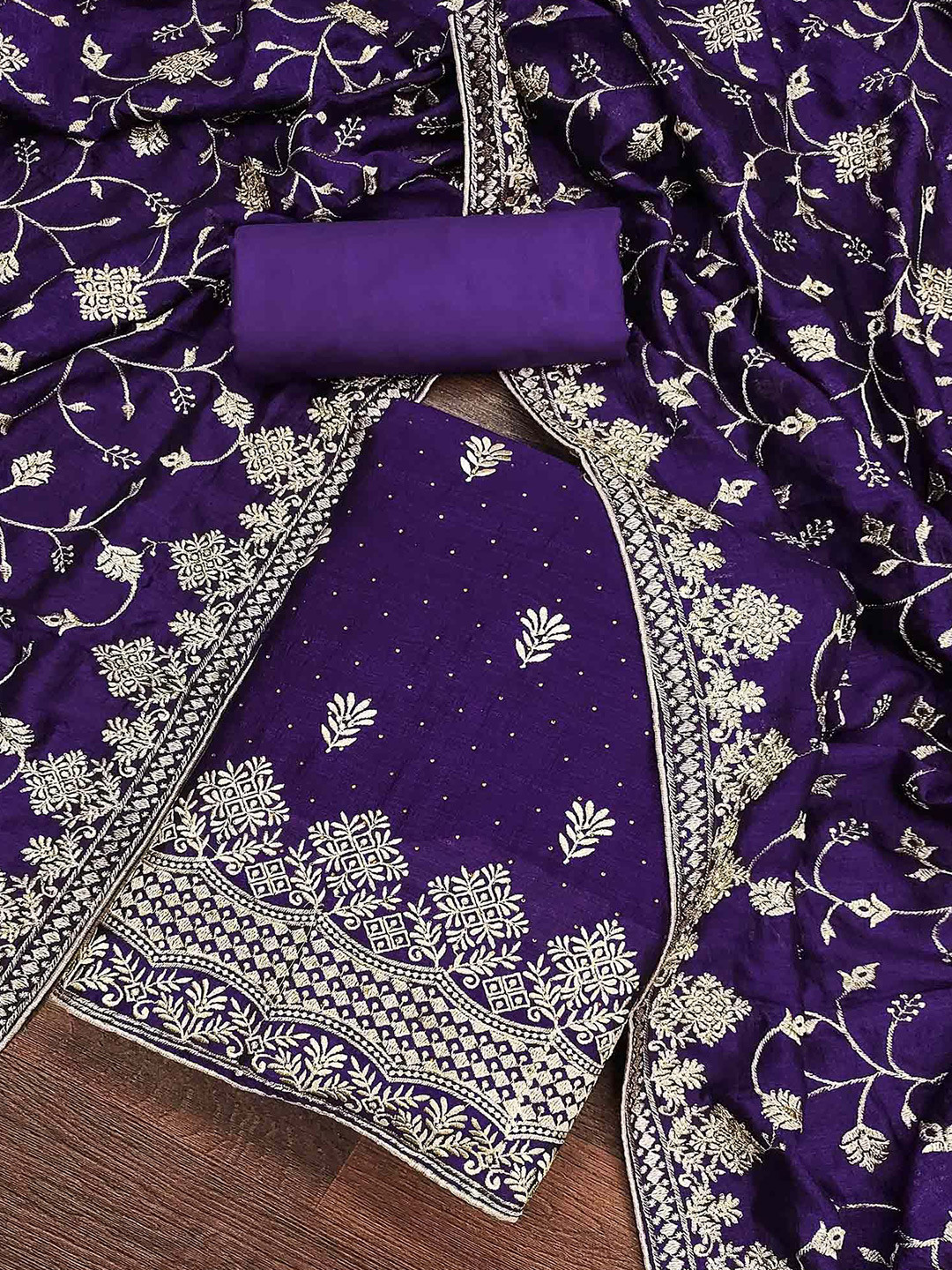 

Peachmode Embroidered Silk Chiffon Unstitched Dress Material, Violet