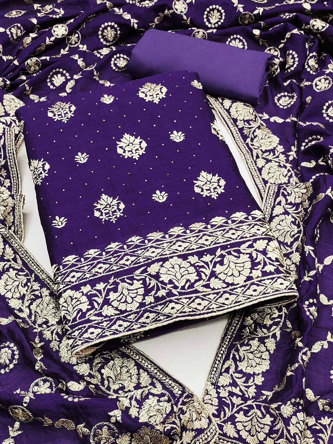 

Peachmode Floral Embroidered Silk Chiffon Unstitched Dress Material, Violet