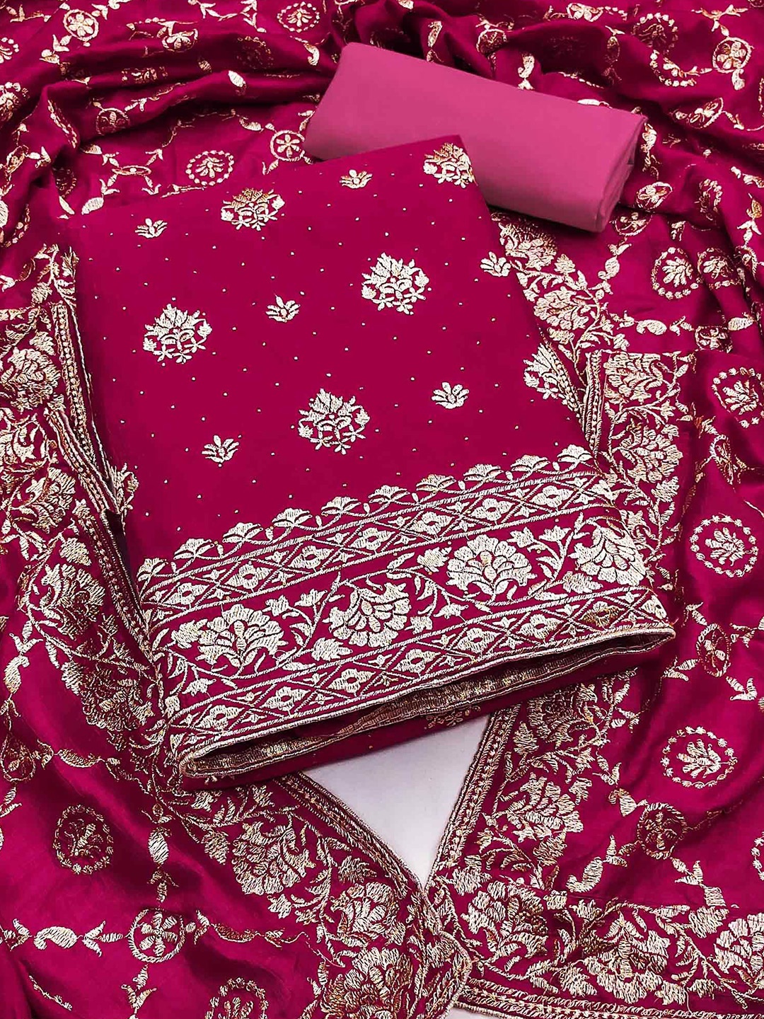 

Peachmode Embroidered Silk Chiffon Unstitched Dress Material, Pink