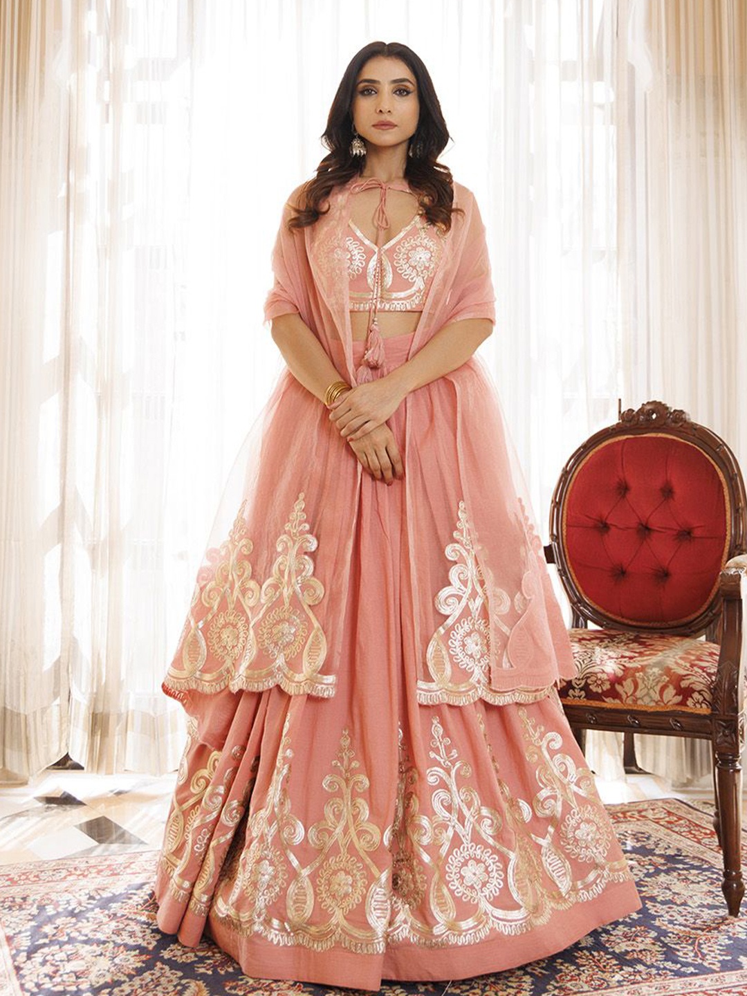 

Ragavi Embroidered Thread Work Cotton Ready to Wear Lehenga & Blouse With Dupatta, Peach