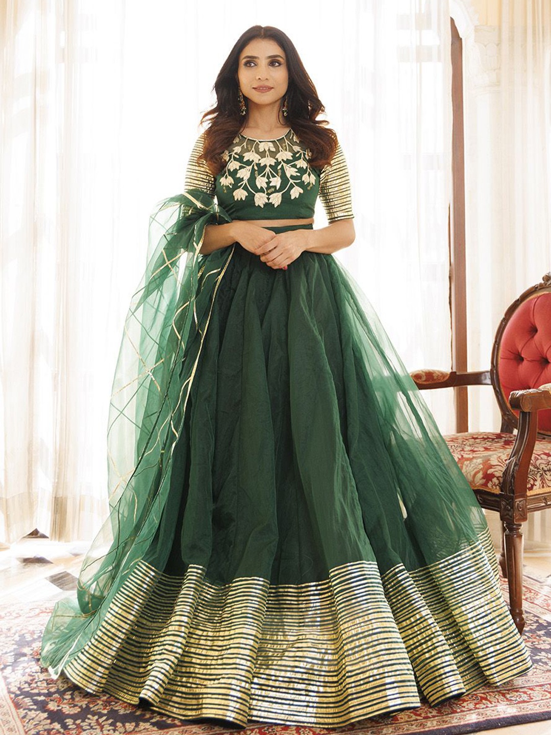 

Ragavi Embroidered Organza Ready to Wear Lehenga & Blouse With Dupatta, Green