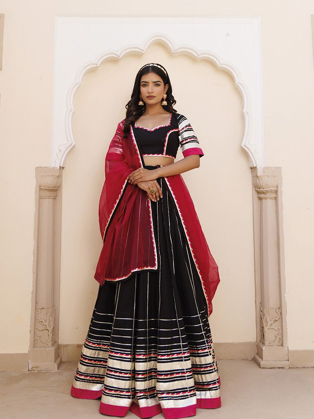 

Ragavi Embroidered Square Neck Cotton Ready to Wear Lehenga & Blouse With Dupatta, Black