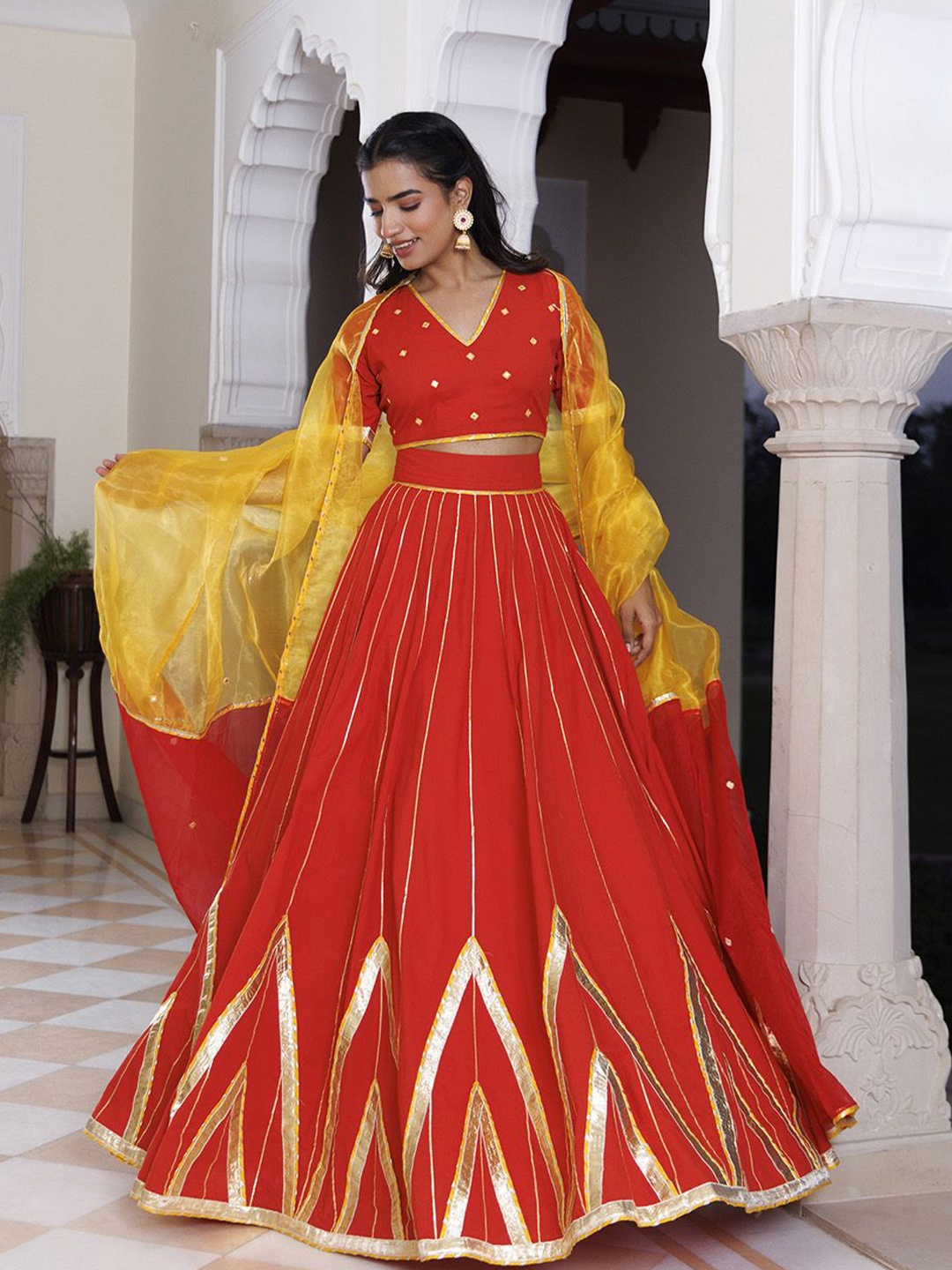 

Ragavi Embroidered V-Neck Cotton Ready to Wear Lehenga & Blouse With Dupatta, Red