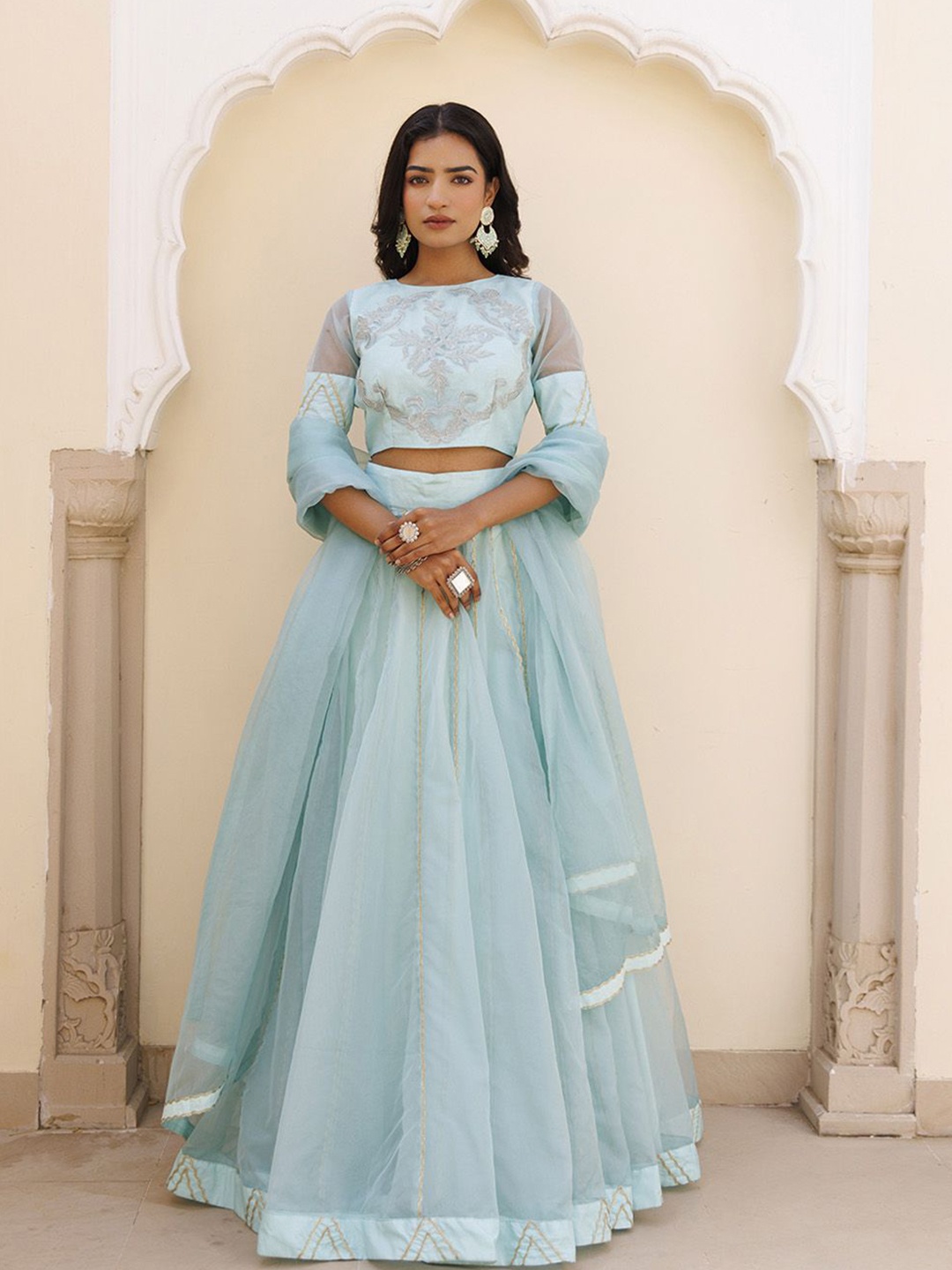 

Ragavi Embroidered Boat Neck Organza Ready to Wear Lehenga & Blouse With Dupatta, Blue