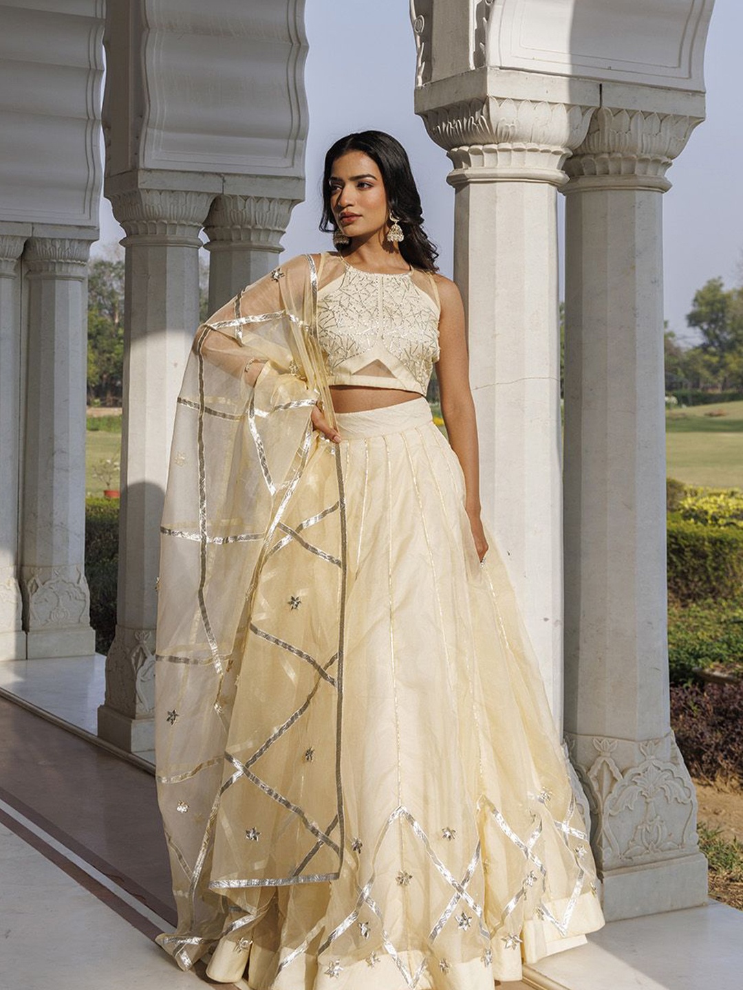 

Ragavi Embroidered Organza Ready to Wear Lehenga & Blouse With Dupatta, White