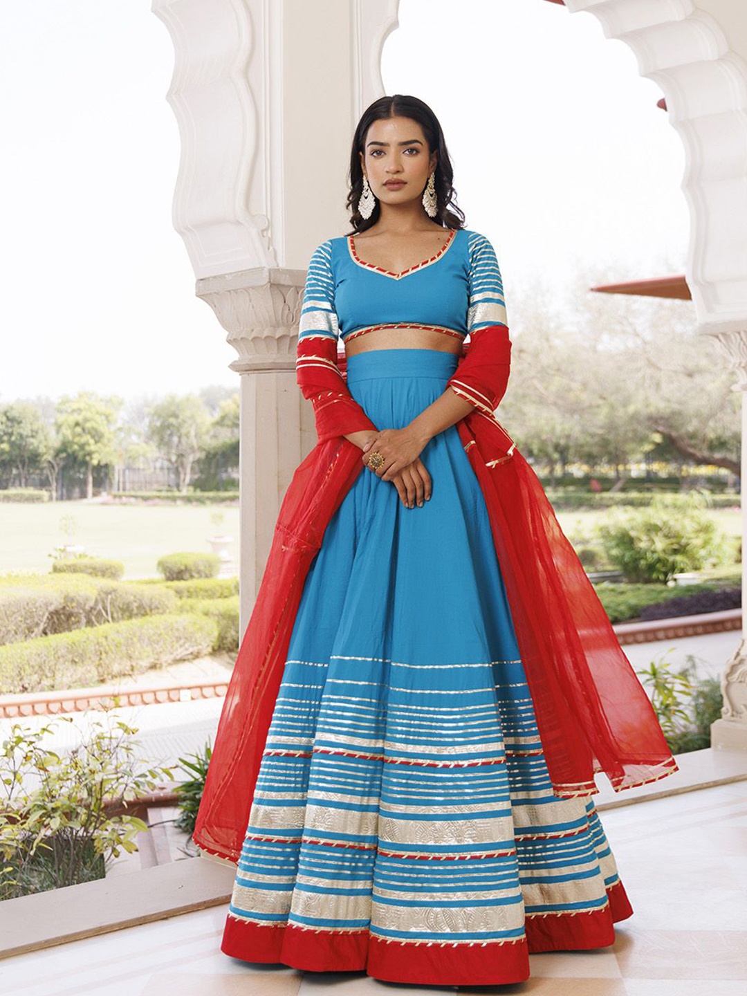 

Ragavi V-Neck Cotton Ready to Wear Lehenga & Blouse With Dupatta, Blue