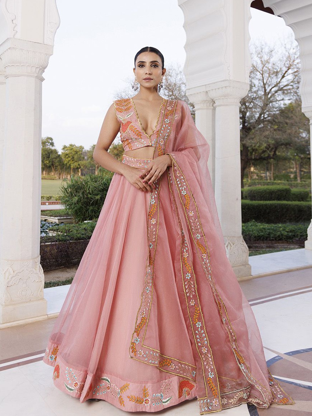 

Ragavi Embroidered V-Neck Organza Ready to Wear Lehenga & Blouse With Dupatta, Peach