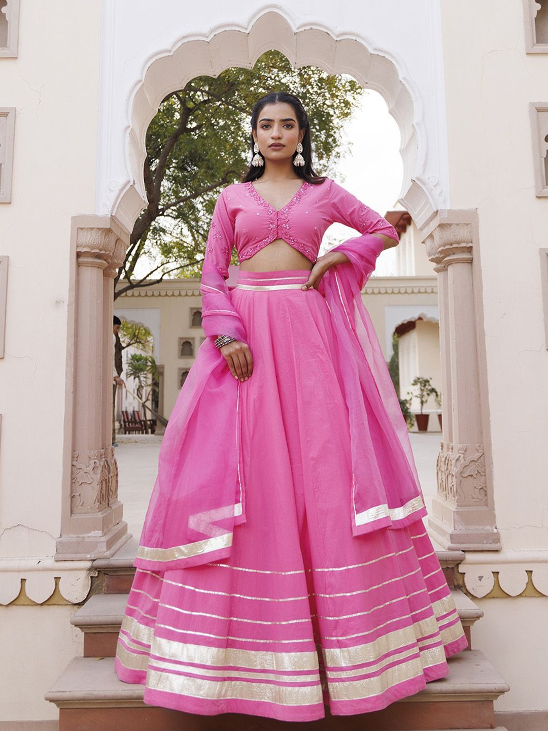 

Ragavi Mirror Work Cotton Ready to Wear Lehenga & Blouse With Dupatta, Pink