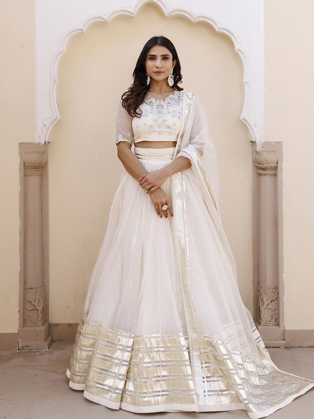 

Ragavi Whisper Floral Embroidered Organza Ready to Wear Lehenga & Blouse With Dupatta, White