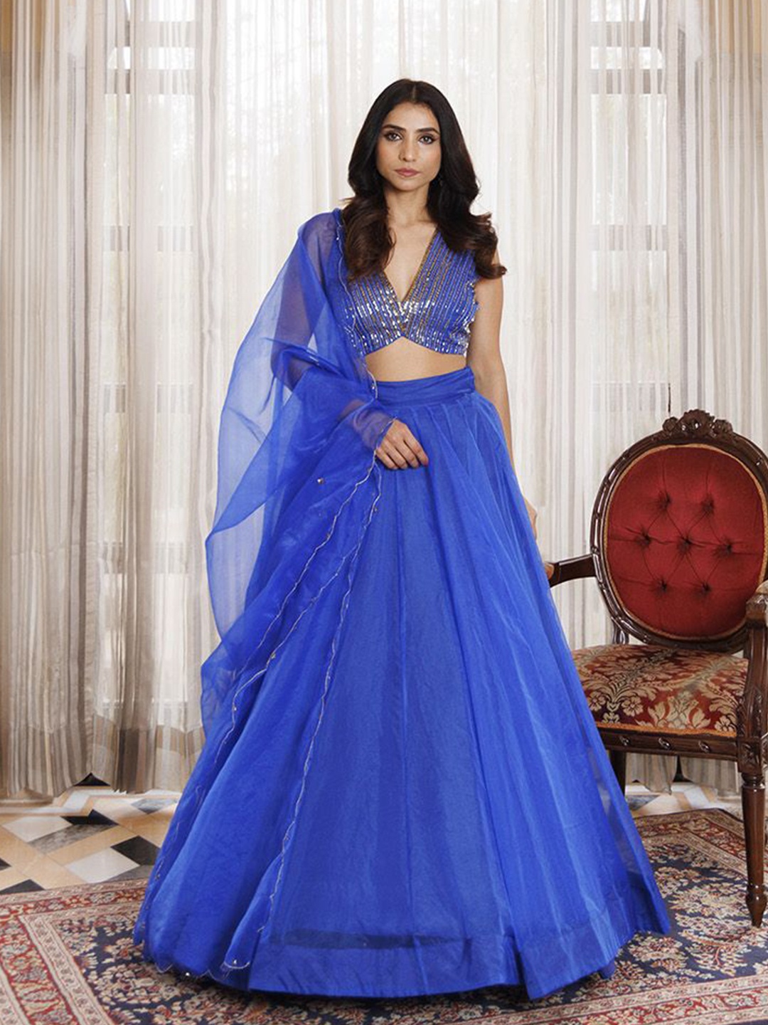 

Ragavi Embellished Sequinned Organza Ready to Wear Lehenga & Blouse With Dupatta, Blue