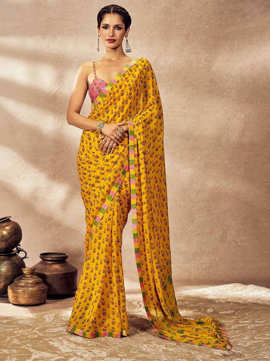 

Masaba Ethnic Motifs Sequinned Pure Georgette Saree, Yellow