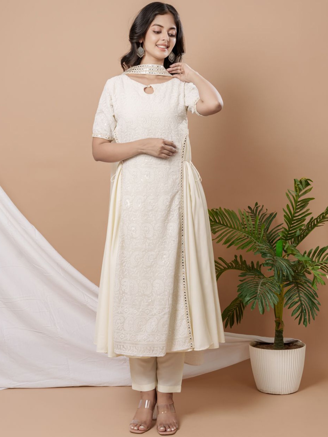

WEAVLLITE Ethnic Motifs Embroidered Chikankari Silk Chiffon Kurta with Trousers & Dupatta, Cream