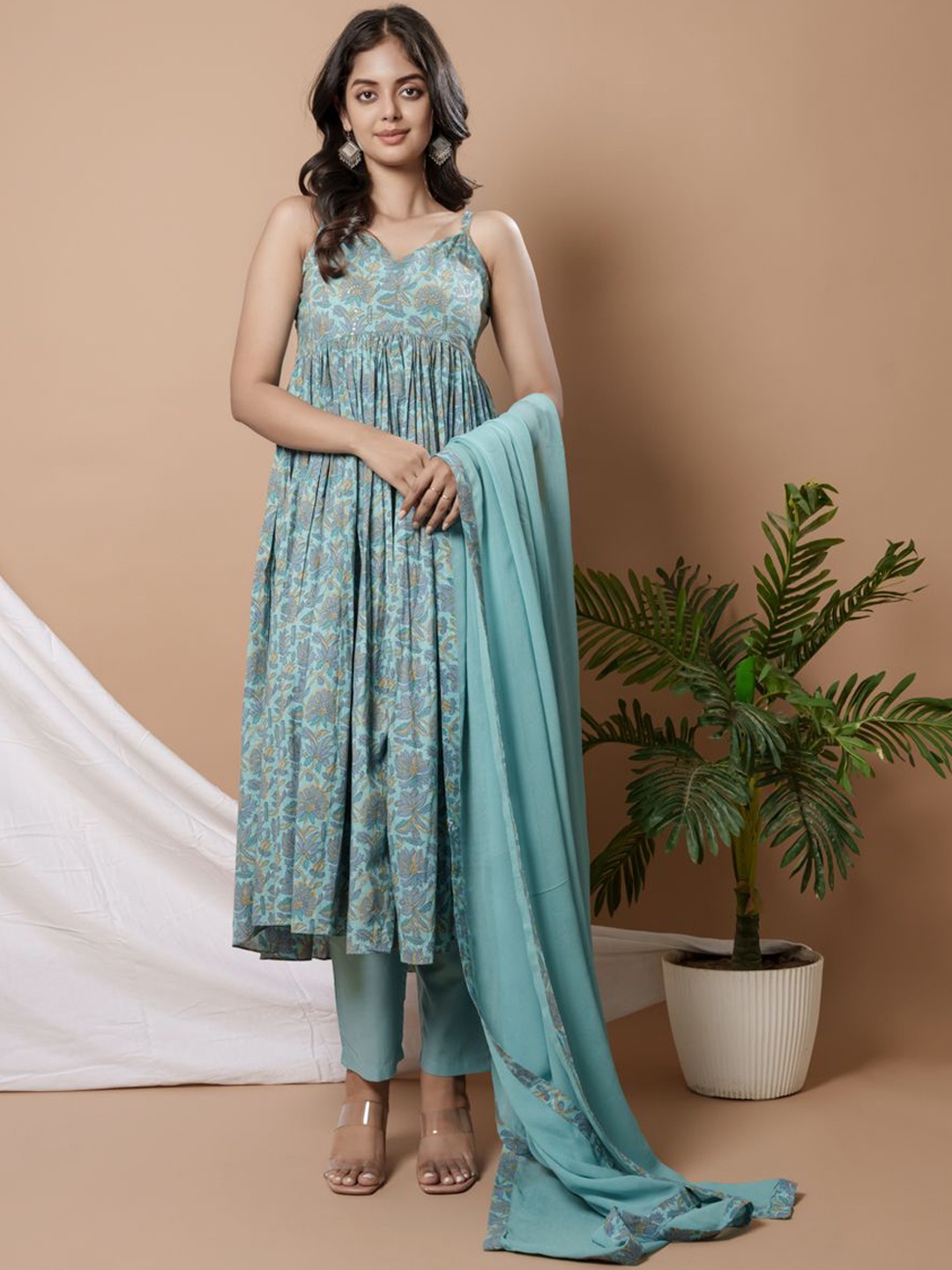 

WEAVLLITE Floral Printed Sequinned Angrakha Pure Cotton Kurta with Trousers & Dupatta, Teal