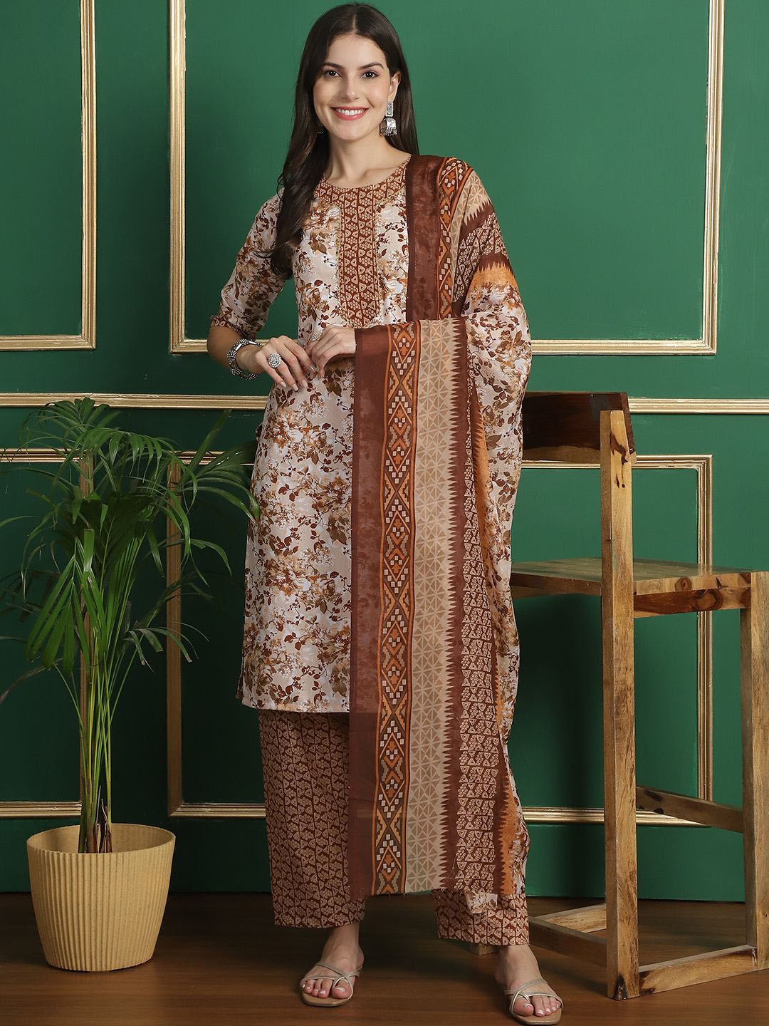 

7Threads Floral Printed Pure Cotton Straight Kurta With Trousers & Dupatta, Beige