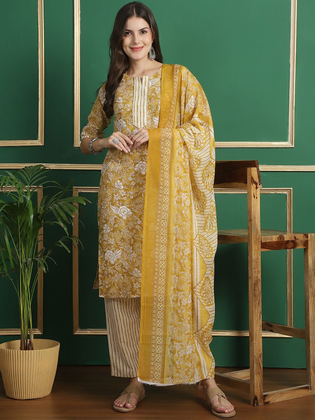 

7Threads Floral Printed Notch Neck Straight Pure Cotton Kurta With Palazzos & Dupatta, Mustard