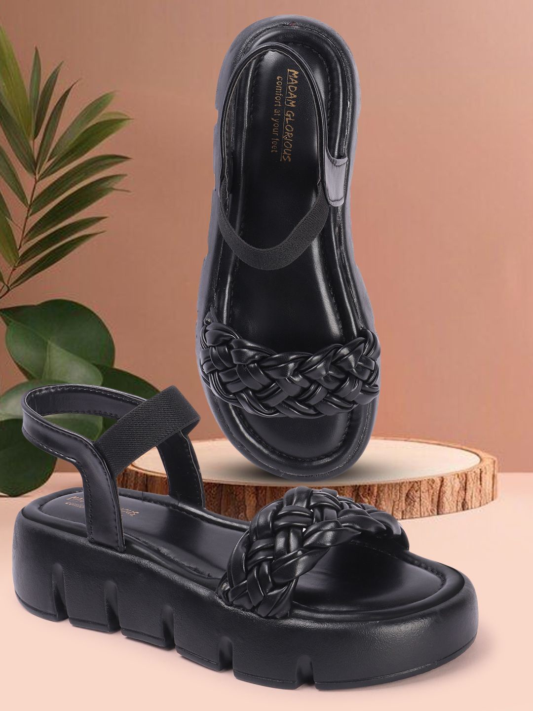 

madam glorious Open Toe Flatform Heels, Black