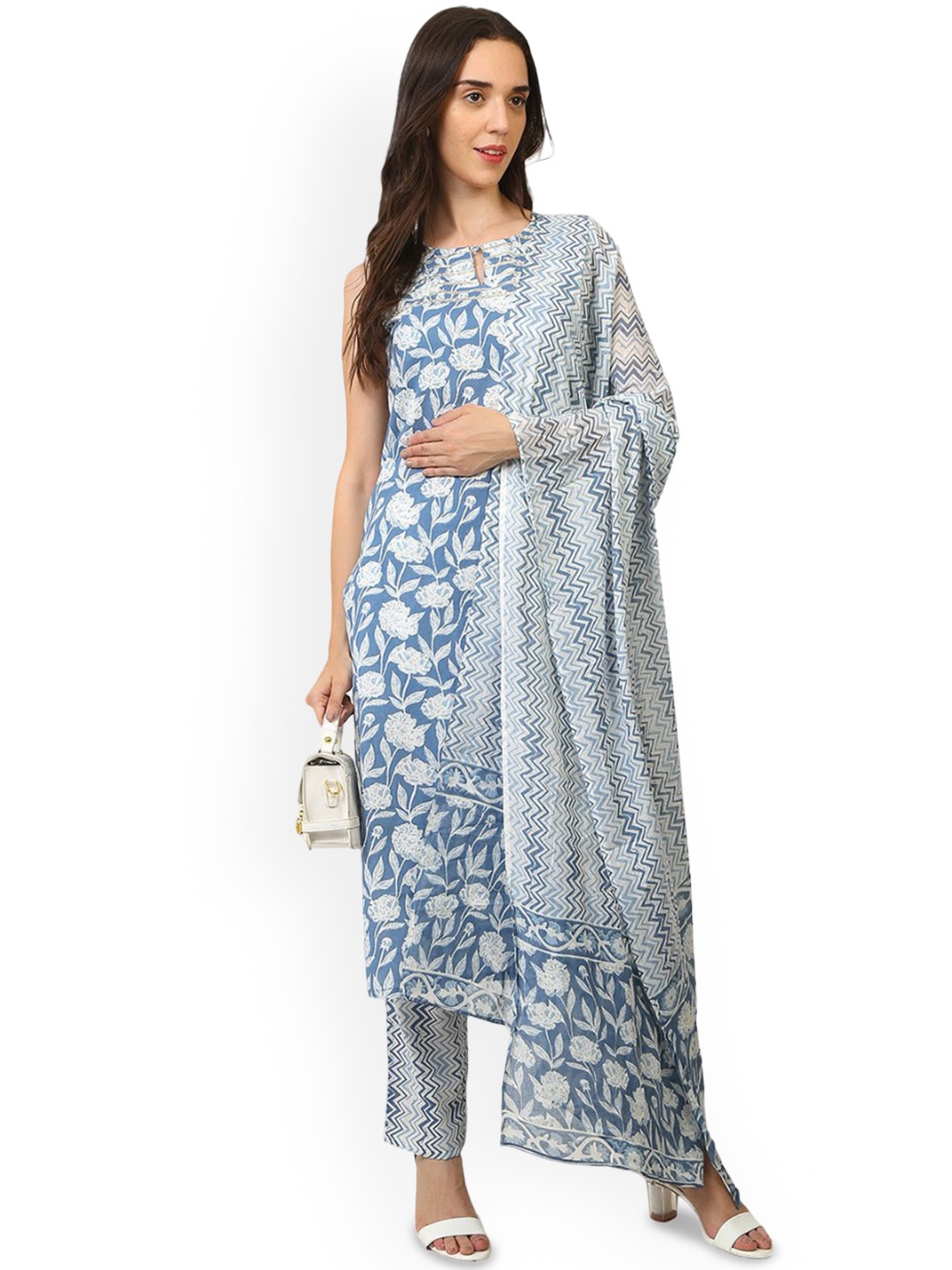 

Ziva Fashion Floral Printed Gotta Patti Pure Cotton Kurta With Trousers & Dupatta, Blue