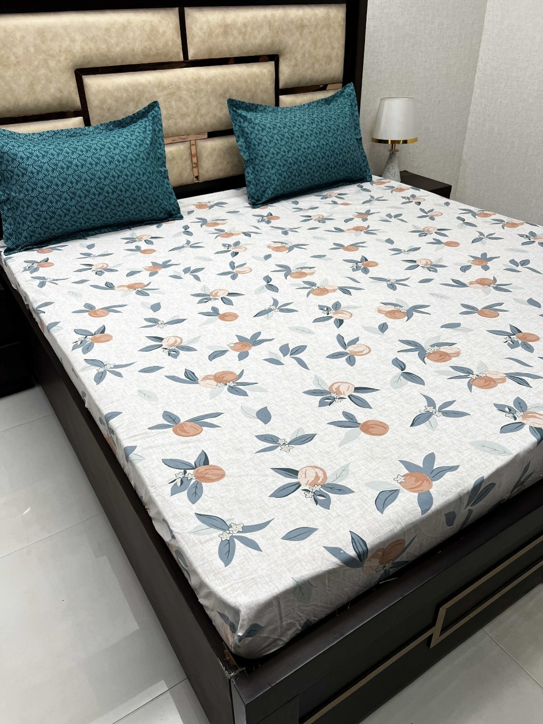 

Pure Decor White & Teal Floral Cotton Fitted 300 TC King Bedsheet with 2 Pillow Covers