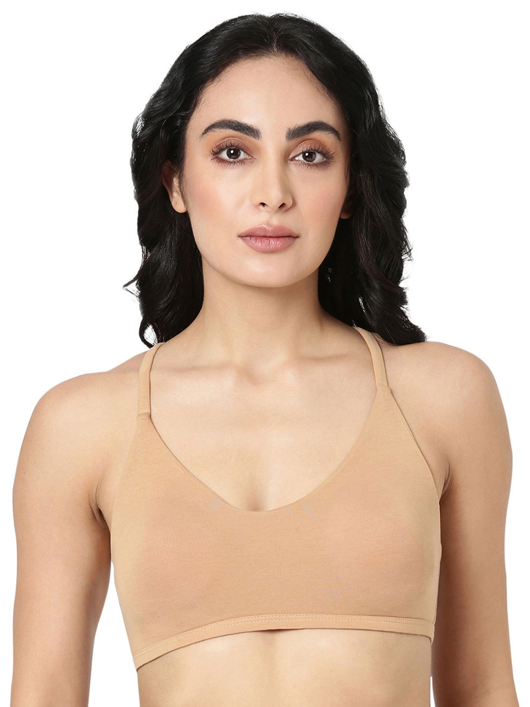 

BLOSSOM Medium Coverage Racerback With Spaghetti Straps Slip On Bra, Beige
