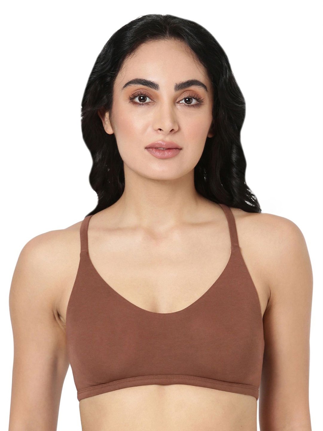 

BLOSSOM Medium Coverage Racerback With Spaghetti Straps Slip On Bra, Brown