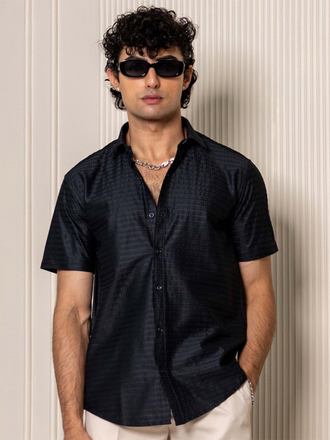 

Tistabene Men Comfort Embroidered Solid Casual Shirt, Black