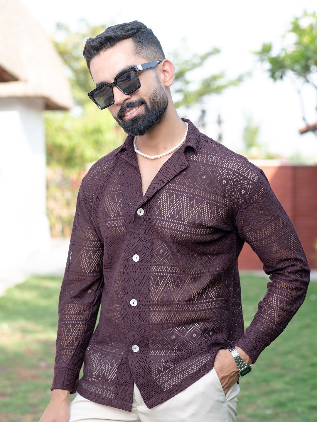 

Tistabene Men Comfort Crochet Printed Casual Shirt, Purple