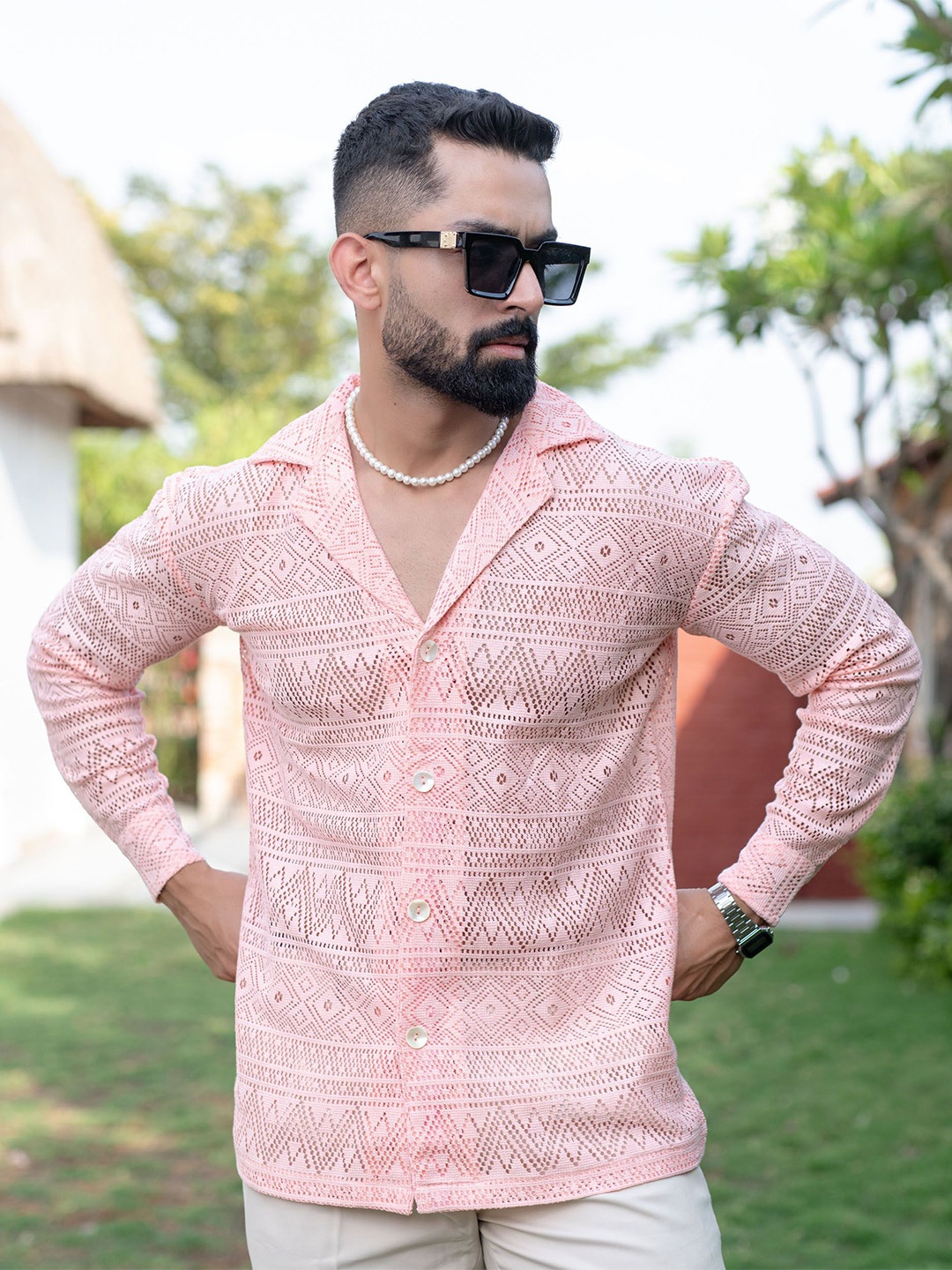 

Tistabene Men Comfort Crochet Printed Casual Shirt, Pink