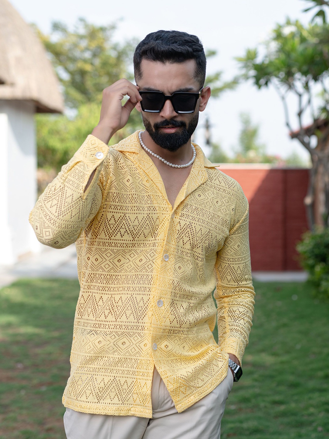 

Tistabene Men Comfort Crochet Casual Shirt, Yellow