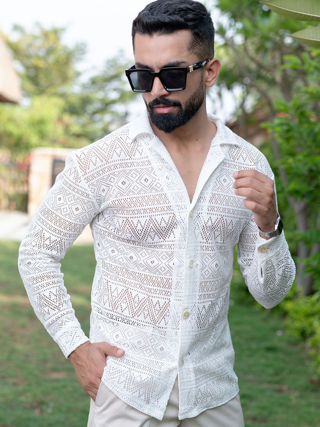 

Tistabene Men Comfort Crochet Casual Shirt, White