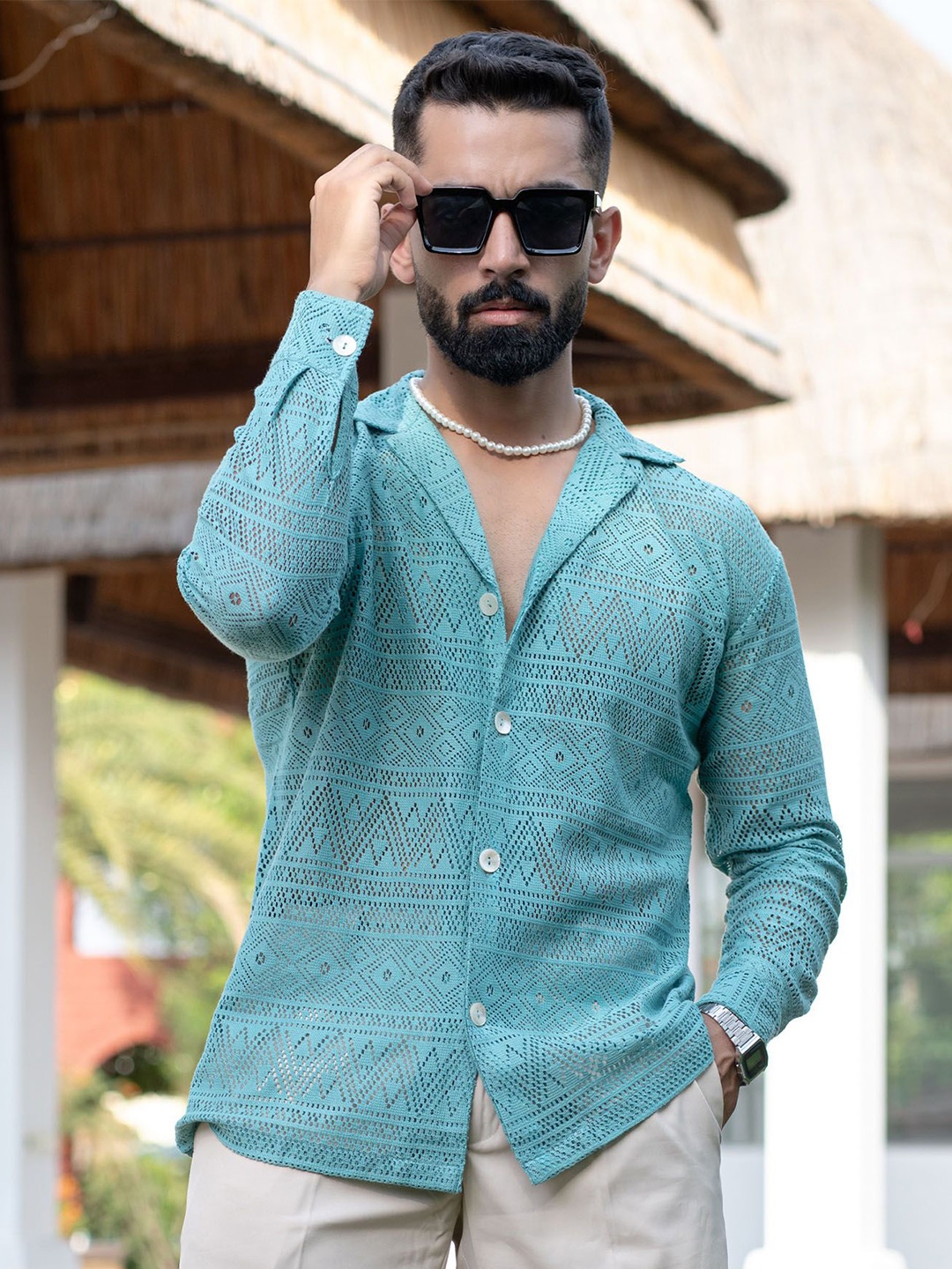 

Tistabene Men Comfort Solid Crochet Casual Shirt, Blue