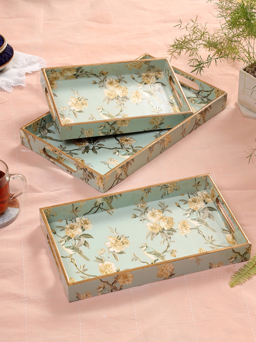 

DULI Blue & Gold Toned 3 Pcs Printed Rectangular Enamel Coated Serving Trays
