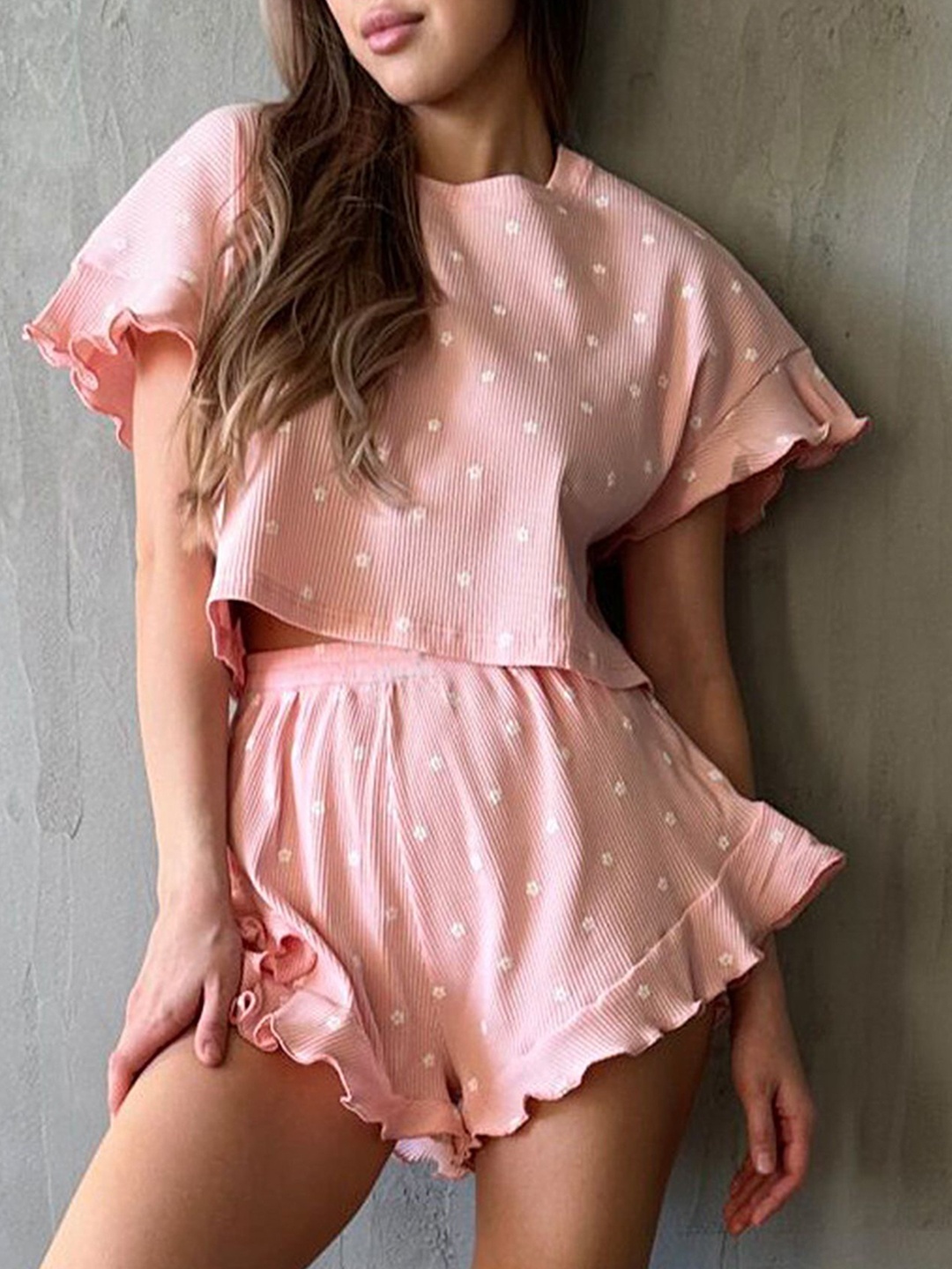 LULU & SKY Floral Printed Ribbed Short Sleeve Top & Shorts, Pink