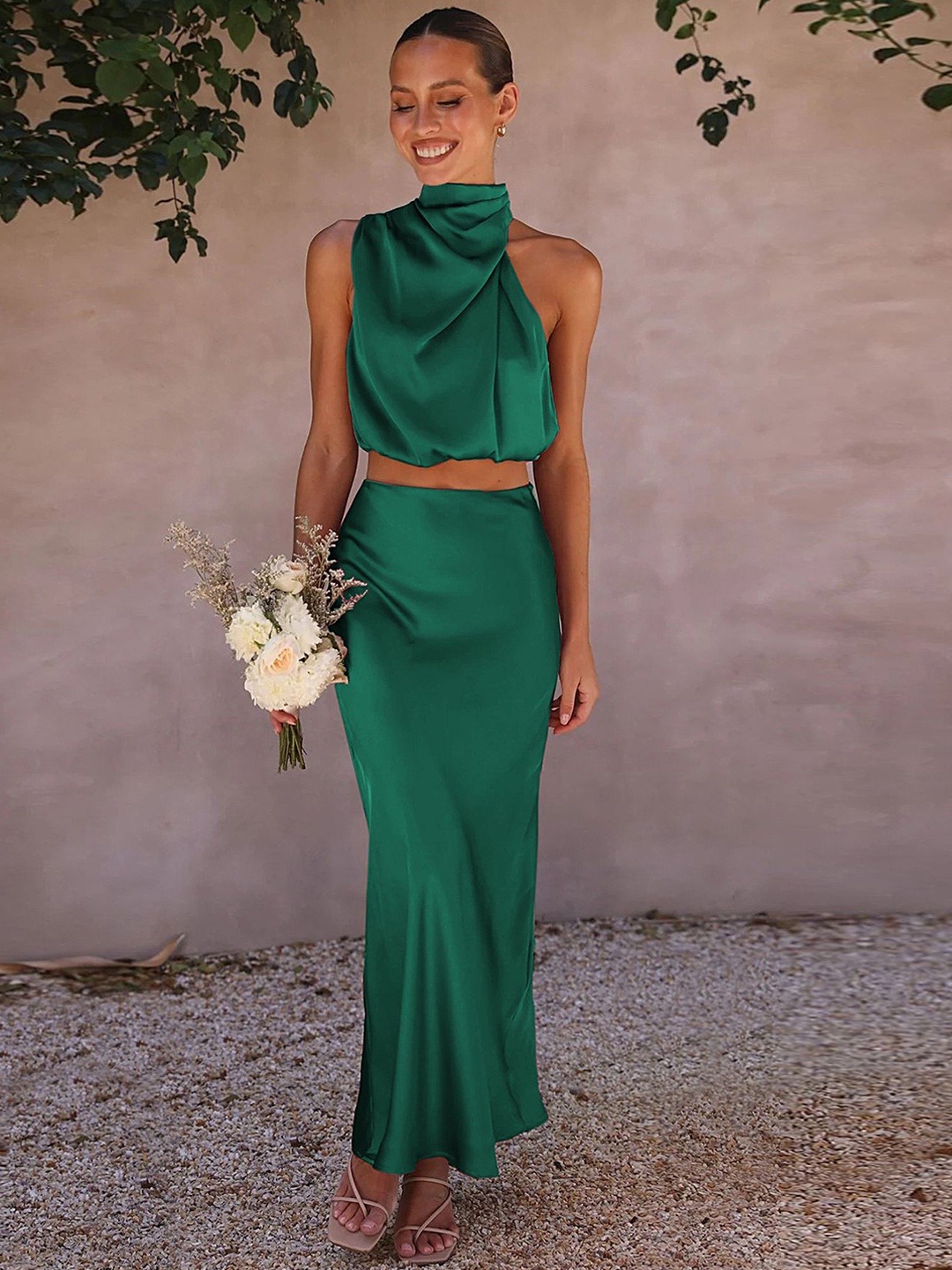 

LULU & SKY High Neck Sleeveless Dangling Top & Slip Maxi Skirt, Green