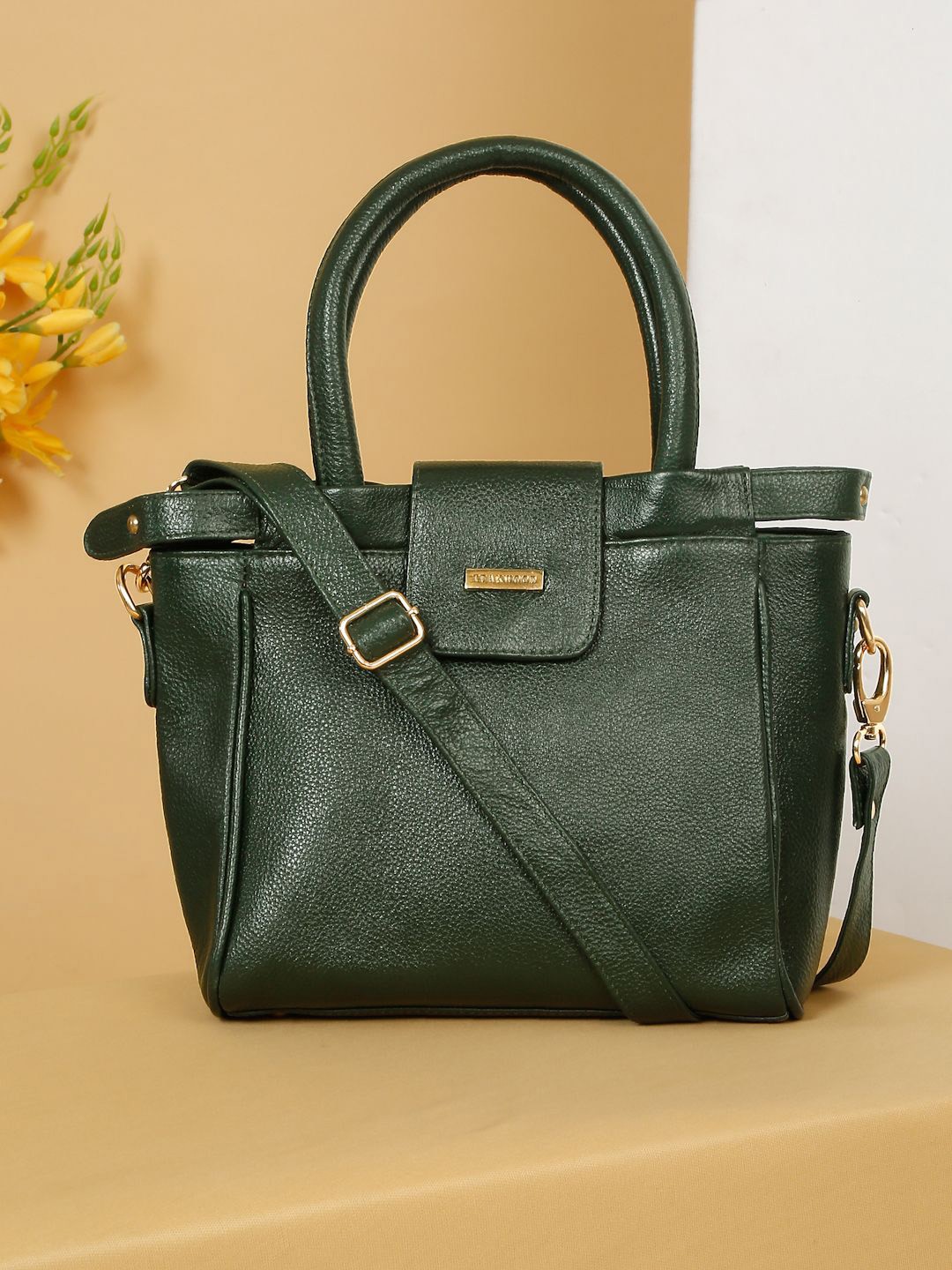 

Teakwood Leathers Women Leather Structured Handheld Bag with Buckle Detail, Green