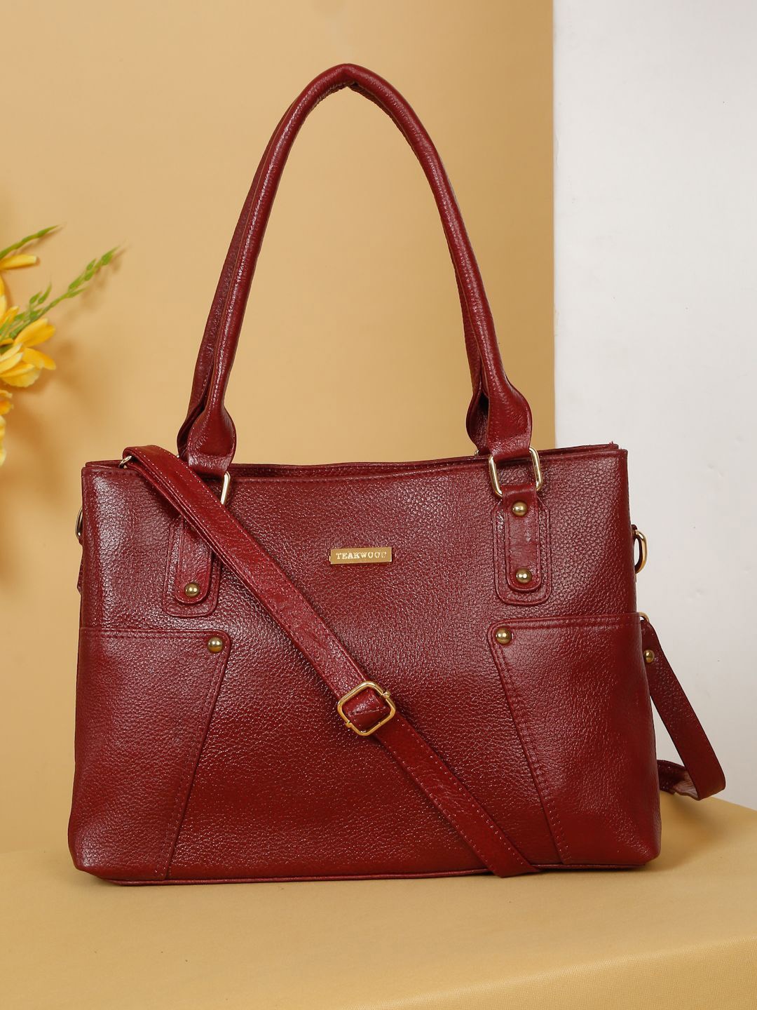 

Teakwood Leathers Women Leather Structured Shoulder Bag with Buckle Detail, Red
