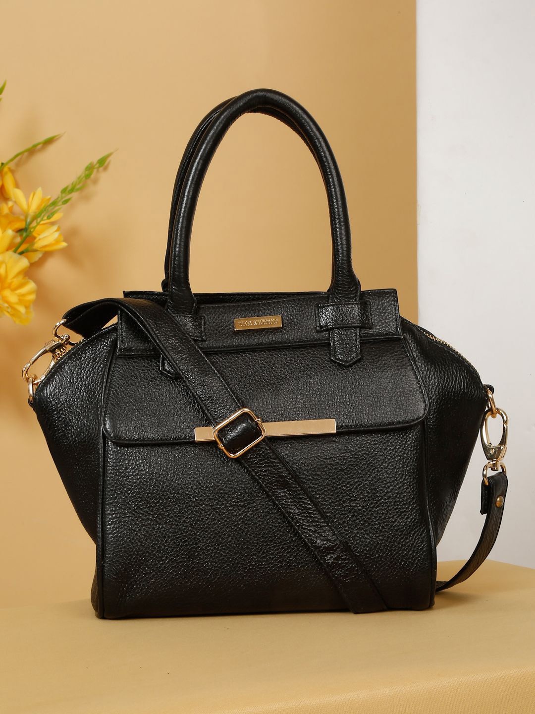 

Teakwood Leathers Women Leather Structured Handheld Bag with Buckle Detail, Black
