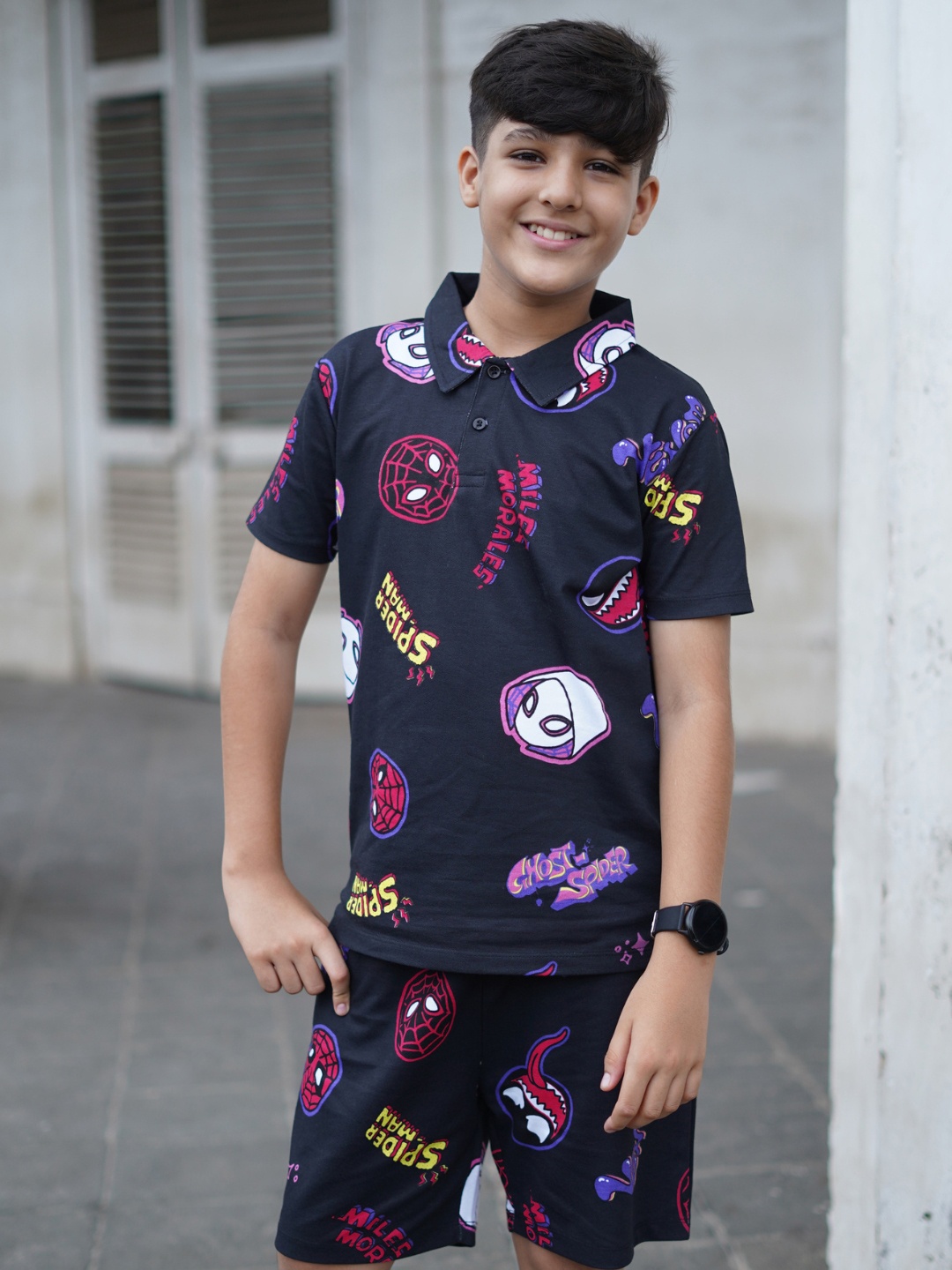 

Kids Unisex Spider-Man Printed Polo Pure Cotton T-shirt with Shorts, Black