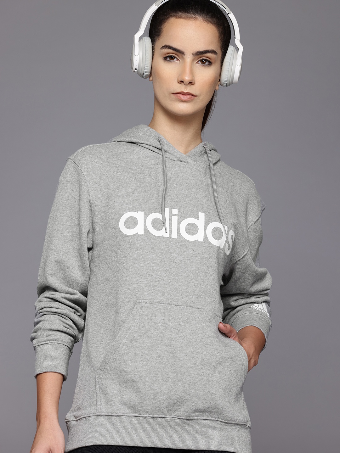 

ADIDAS Linear French Terry Pure Cotton Printed Hooded Sweatshirt, Grey melange