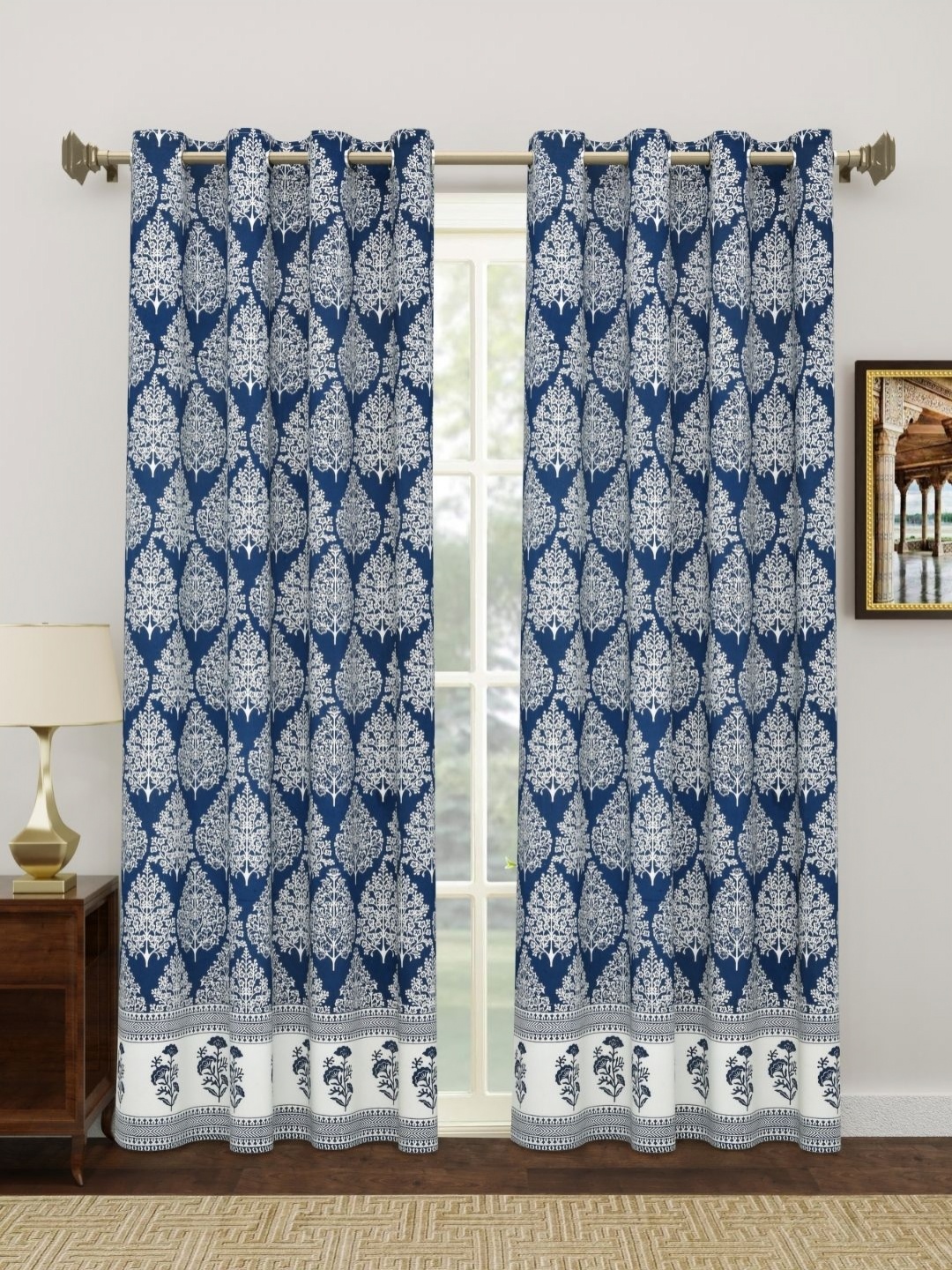 

The Craft Monk White & Blue 2 Pieces Ethnic Motifs Cotton Door Curtains