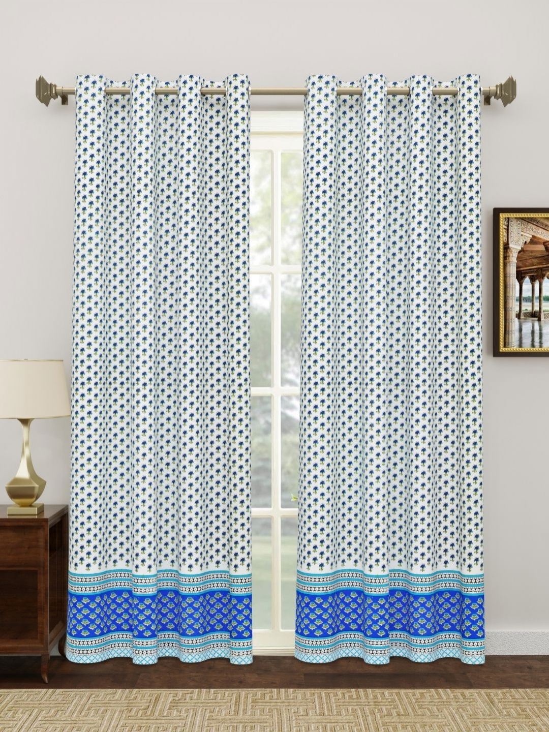 

The Craft Monk White & Blue 2 Pieces Ethnic Motifs Cotton Door Curtain