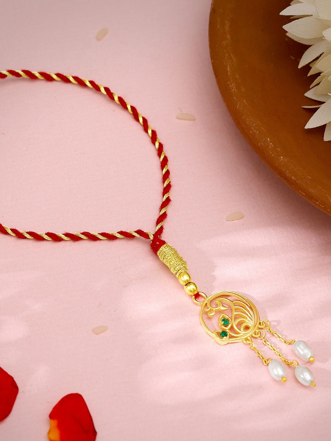 

GIVA 925 Silver Gold-Plated Pearl Peafowl Lumba Rakhi With Roli Chawal