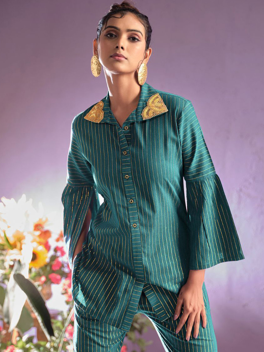 

Sangria Green Striped Embroidered Bell Sleeves Tunic With Trousers
