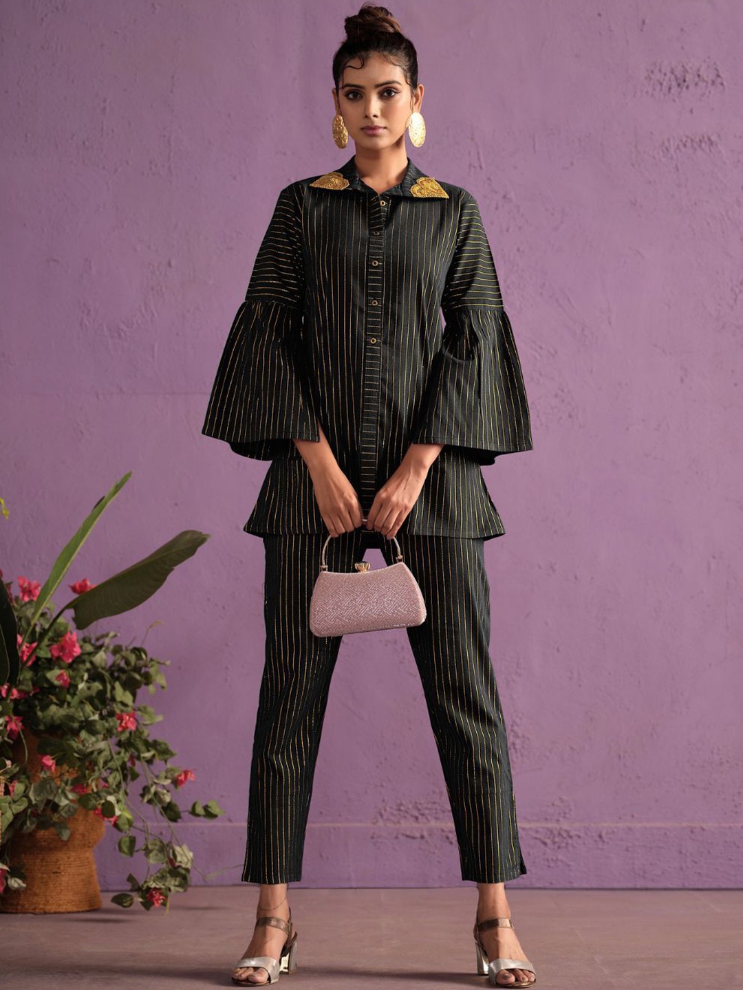 

Sangria Black Striped Striped Embroidered Bell Sleeves Tunic With Trousers