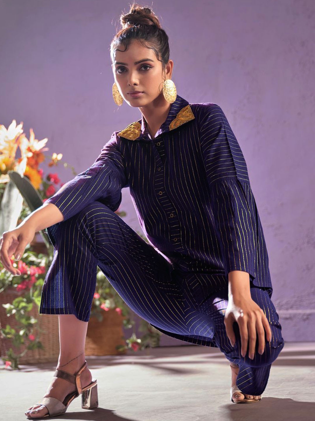 

Sangria Navy Blue Striped Embroidered Bell Sleeves Tunic With Trousers