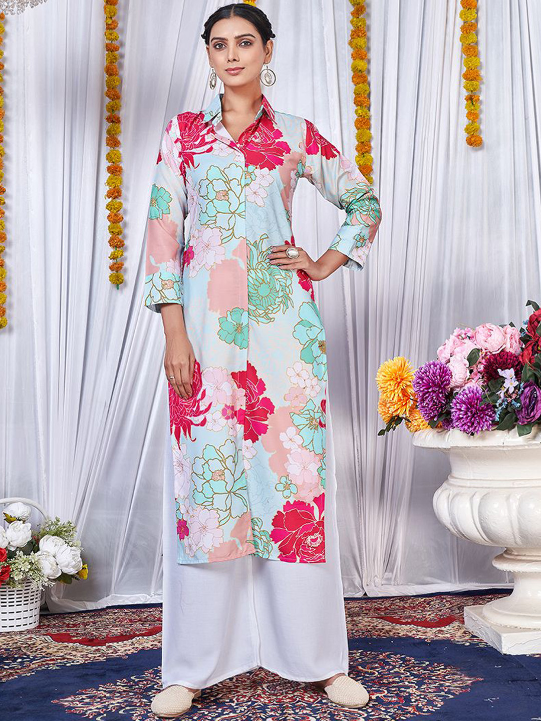 

Classy Couture Floral Printed Shirt Collar Straight Kurta with Palazzo, White