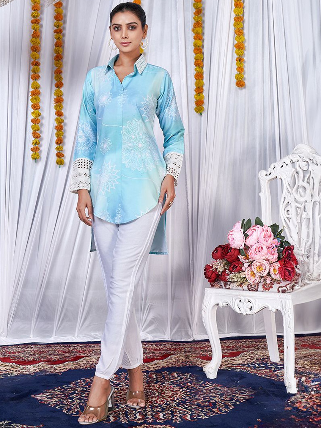 

Classy Couture Floral Printed Regular Top with Trousers, Blue