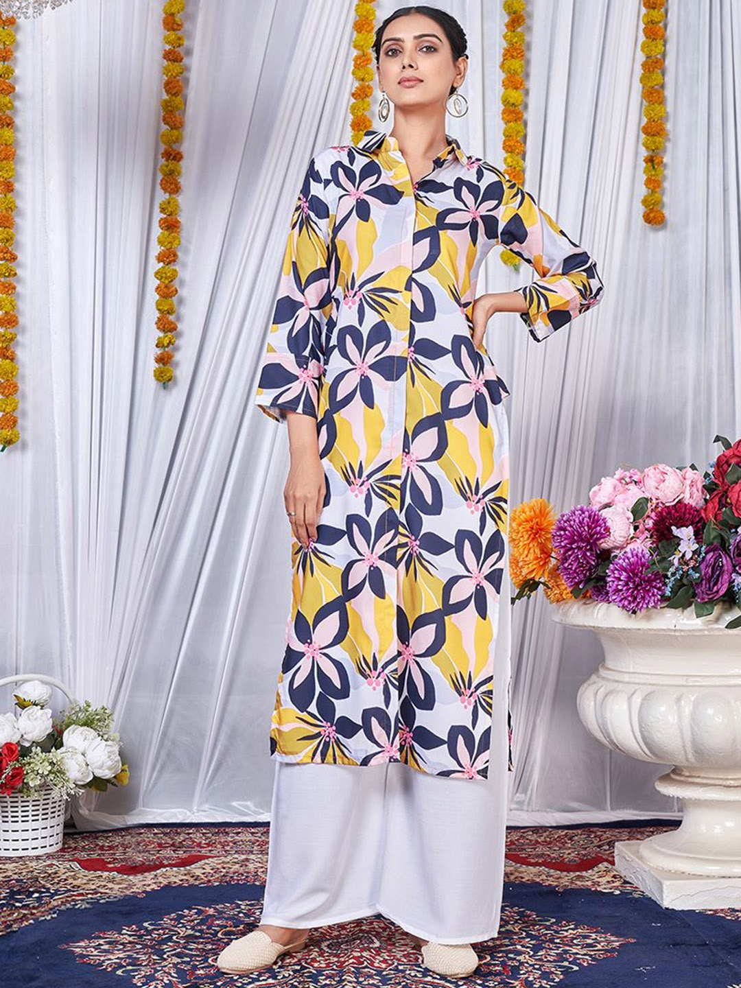 

Classy Couture Floral Printed Kurta with Palazzos, White