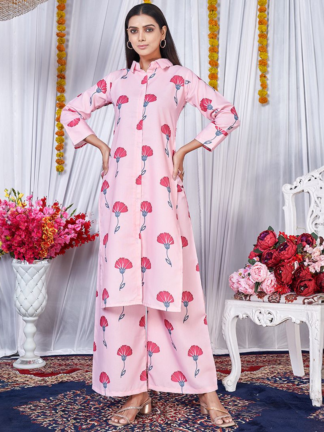 

Classy Couture Floral Printed Shirt Collar Kurta with Palazzos, Pink