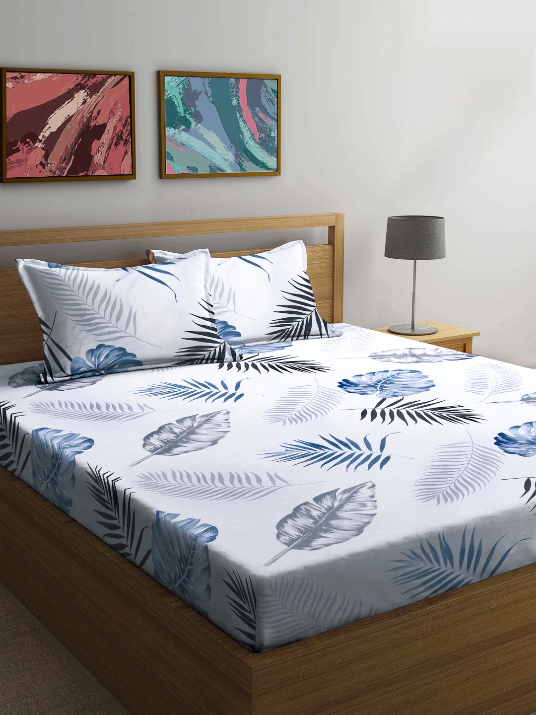 

FABINALIV White & Blue Ethnic Motifs 300 TC King Bedsheet with 2 Pillow Covers