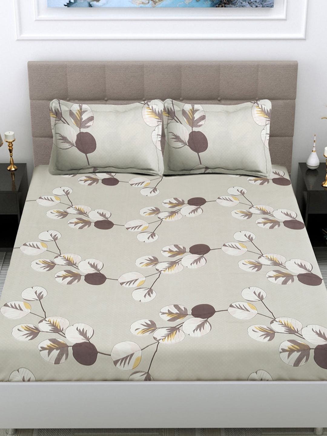 

FABINALIV Grey & Brown Floral 300 TC King Bedsheet With 2 Pillow Covers